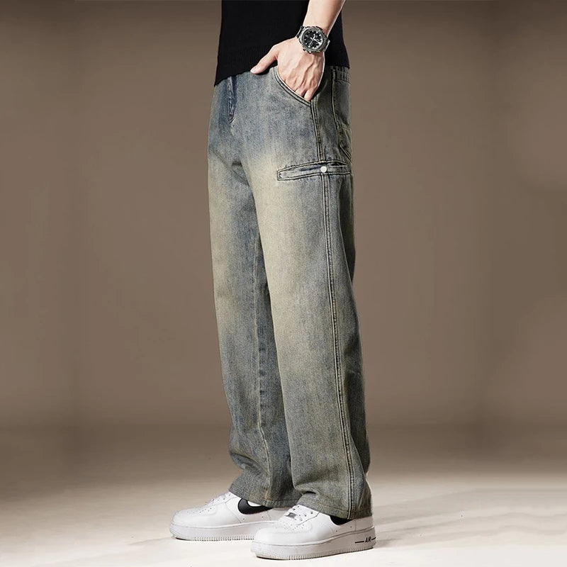 American Vintage High Street Spring Summer Jeans Men's Solid Patchwork Button Pocket Fashion Casual Loose Cowboy Straight Pants