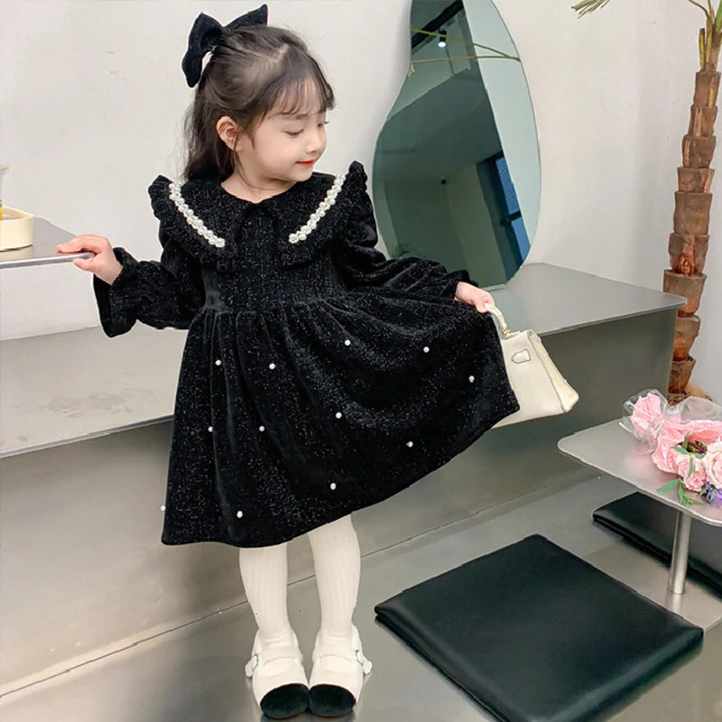 Autumn and Winter Thickening Flip Collar Dress 3-8 Year Old Girl Velvet Pearl Dress New Fashionable Red New Year Clothing