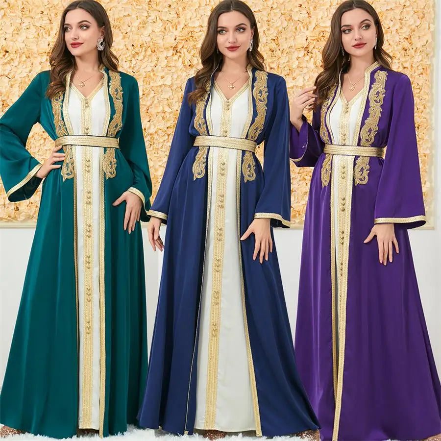 Ramadan Muslim Abaya Women Islam Kimono and Vest Dress 2 Piece Set Jalabiya Robe Islamic Dress Formal Dresses Moroccan Caftan