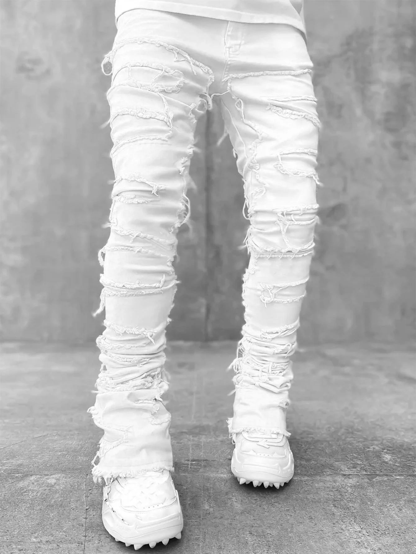 Printing Stretched Men's Stacked Jeans Patchwork Tassel Damaged Trousers For Male High Street Hip-pop Full Length Denim Pants