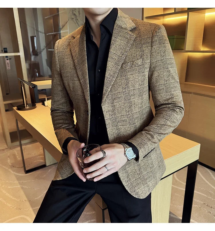 Men's British Style Fashionable Luxury Suit Jacket High-quality Plaid Slim Fit Business Social Blazer Wedding Dress Party Jacket