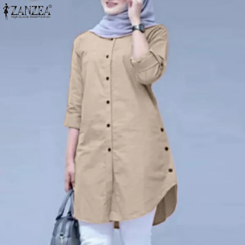 ZANZEA Elegant Abaya Muslim Blouse Woman Long Sleeve O-Neck Tops Casual Holiday Baggy Shirt Fashion Solid Islamic Clothing 2024