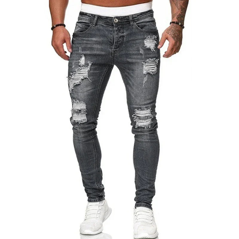 Mens Casual Slim Pencil Denim Pants Europe and America Breaking Holes Grinding White Jeans Men Vintage Wash Solid Denim Trouser