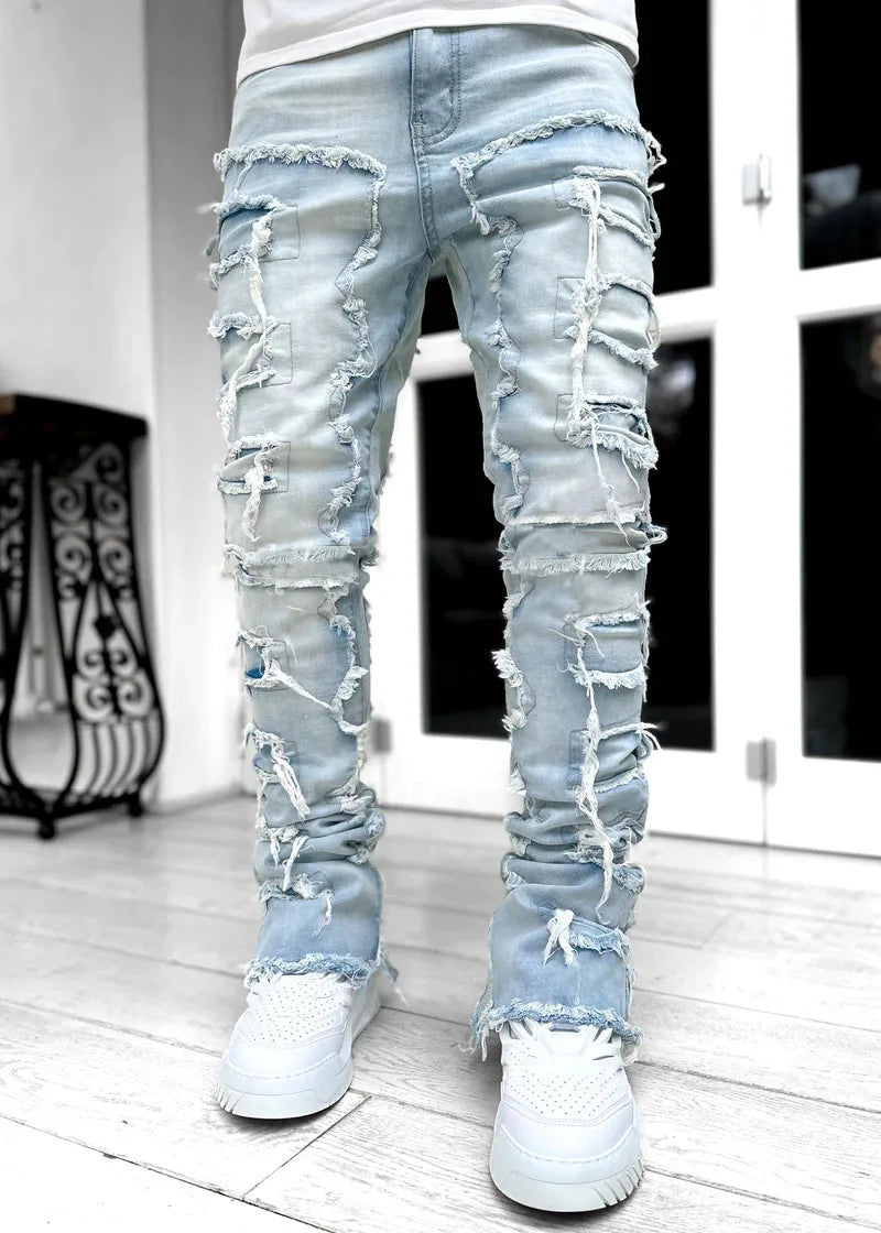 Printing Stretched Men's Stacked Jeans Patchwork Tassel Damaged Trousers For Male High Street Hip-pop Full Length Denim Pants