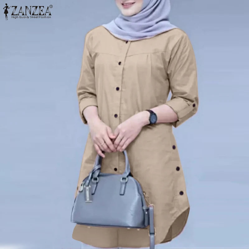 ZANZEA Elegant Abaya Muslim Blouse Woman Long Sleeve O-Neck Tops Casual Holiday Baggy Shirt Fashion Solid Islamic Clothing 2024