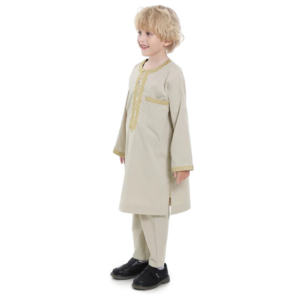 Muslim Children Robe 2 Piece Set Kids Boy Round Neck Long Sleeve Printed Dress Shirt Abaya Kaftan Jubba Thobe Islamic Clothing