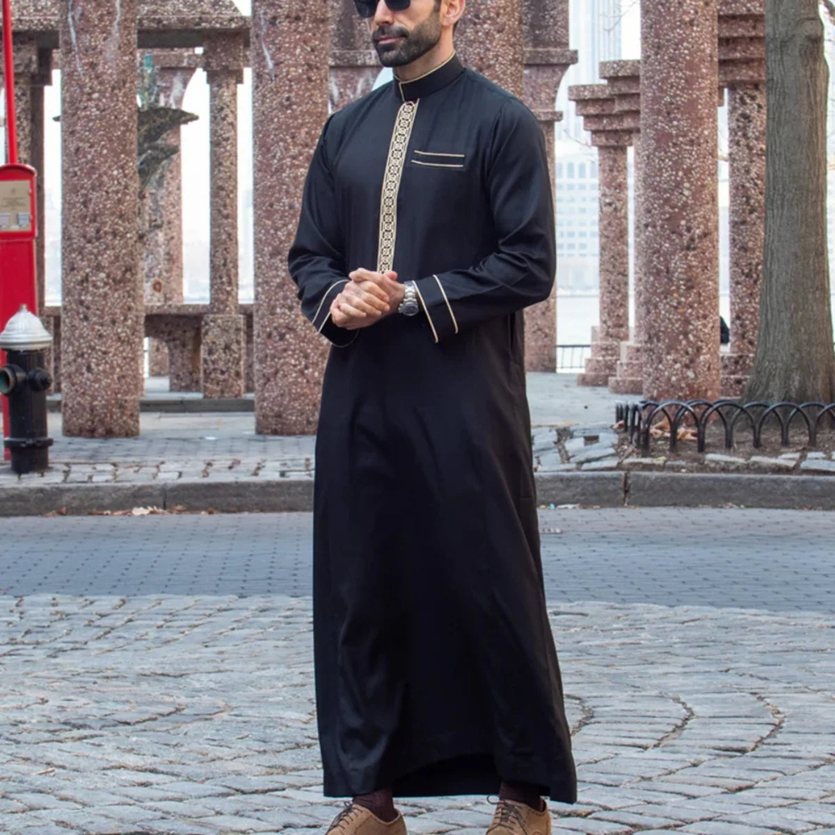 Islamic muslim Arabic men's robe long sleeve embroidered stand collar arabian thobe for men