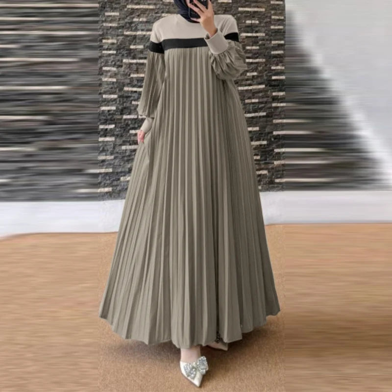 ZANZEA Autumn Long Lantern Sleeve Sundress Women Muslim Dress Turkey Abaya Islamic Dubai Robe Elegant Patchwork Pleated Vestidos