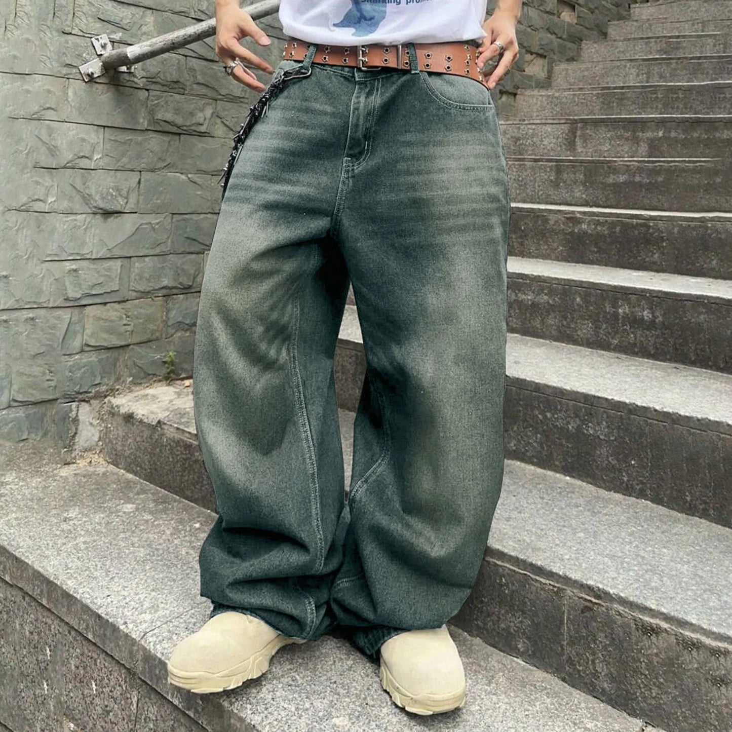 Men Baggy Denim Pants Wide Leg High Waist Belt Casual Trousers Loose Plus Size Stylish Streetwear Men's Hip Hop Streetwear