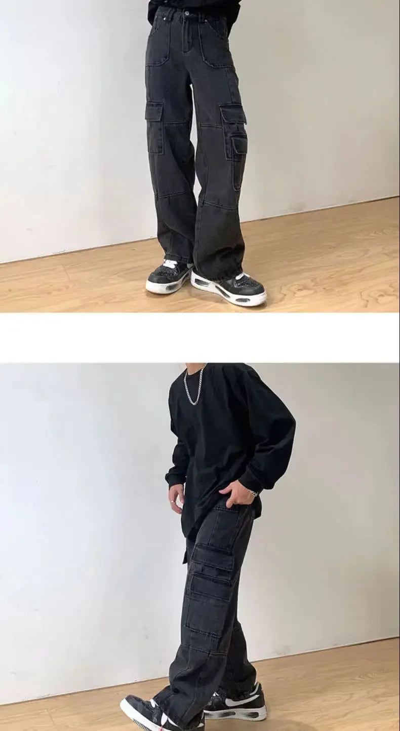 Men's Cargo Pants High Street Multi-pocket Black Gray Work Pants for Men Loose Trousers High Waist Vintage Straight-leg Jeans