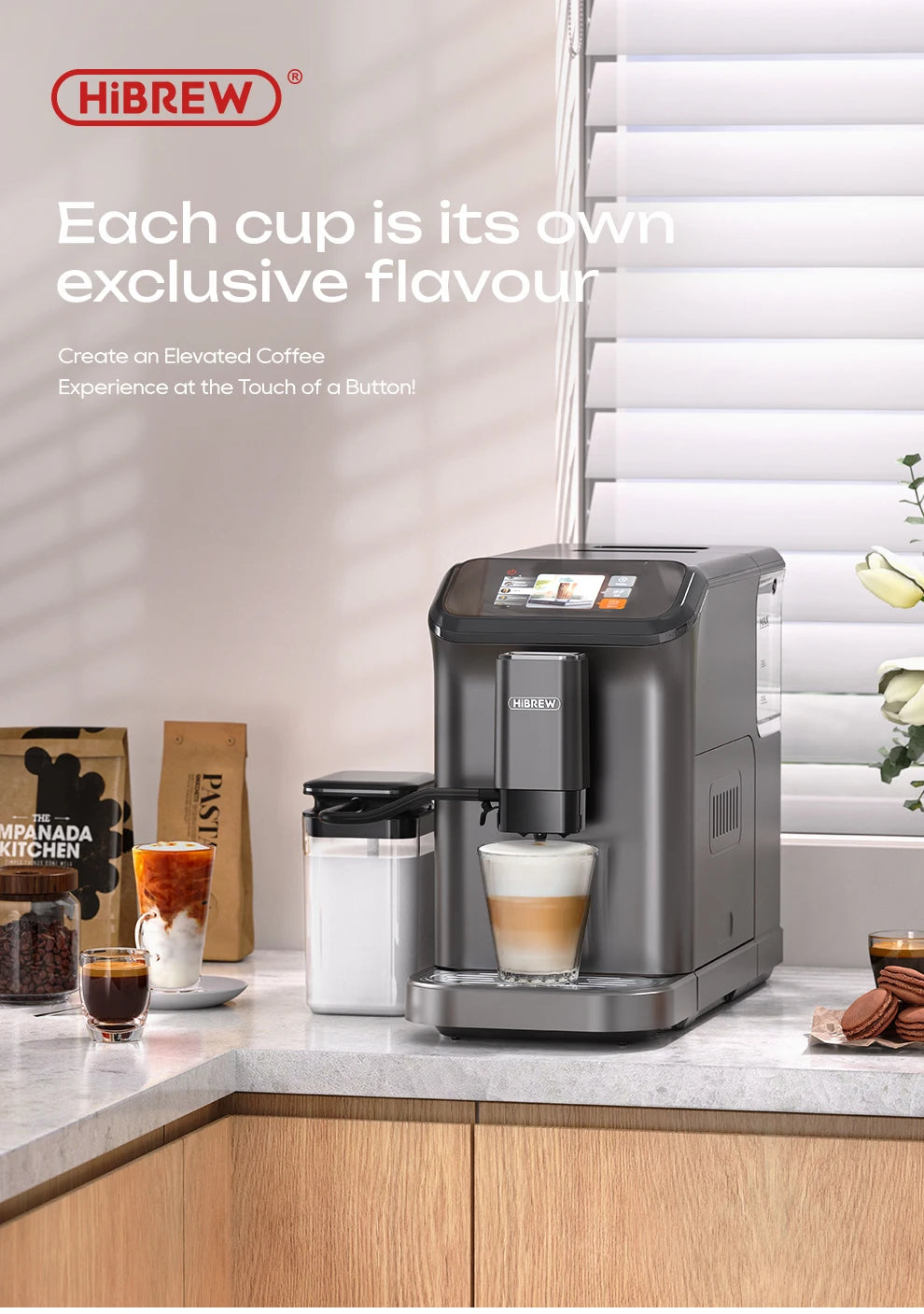 HiBREW Fully Automatic Espresso Machine Cappuccino Milk System 6 Coffee Varieties Intuitive Touch Display With Grinder H16