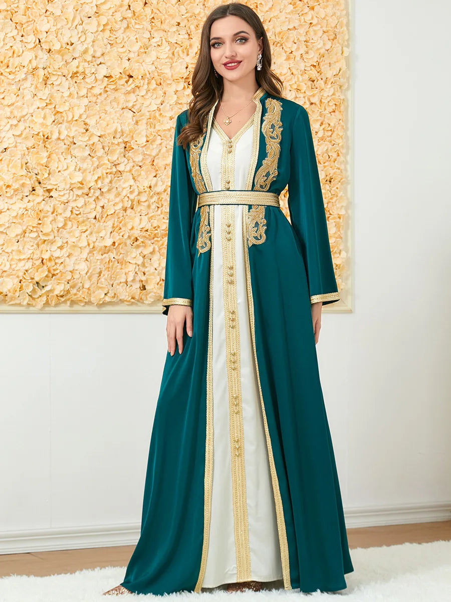 Ramadan Muslim Abaya Women Islam Kimono and Vest Dress 2 Piece Set Jalabiya Robe Islamic Dress Formal Dresses Moroccan Caftan