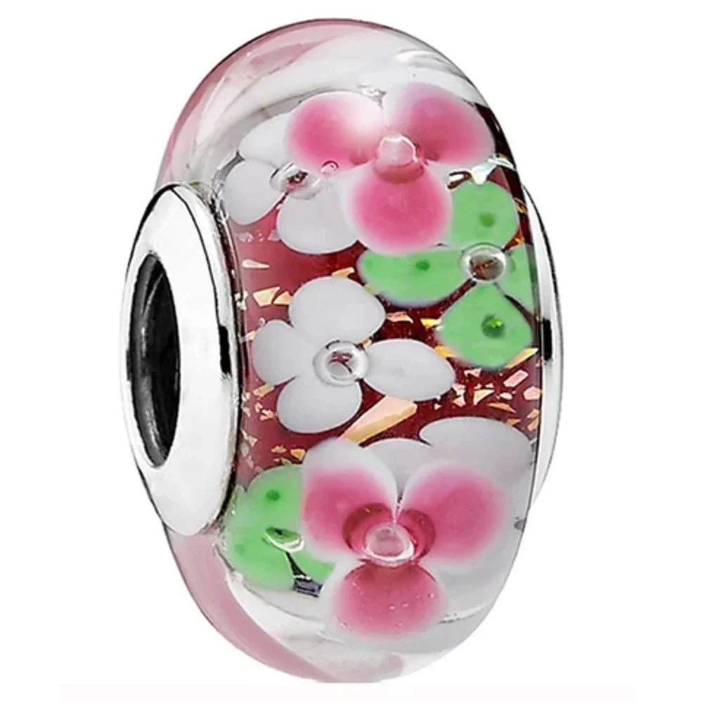 New Original 925 Sterling Silver Colored Flower and Leaf Cosmic Rainbow Charm Murano Glass Beads for Bracelet DIY Women Jewelry