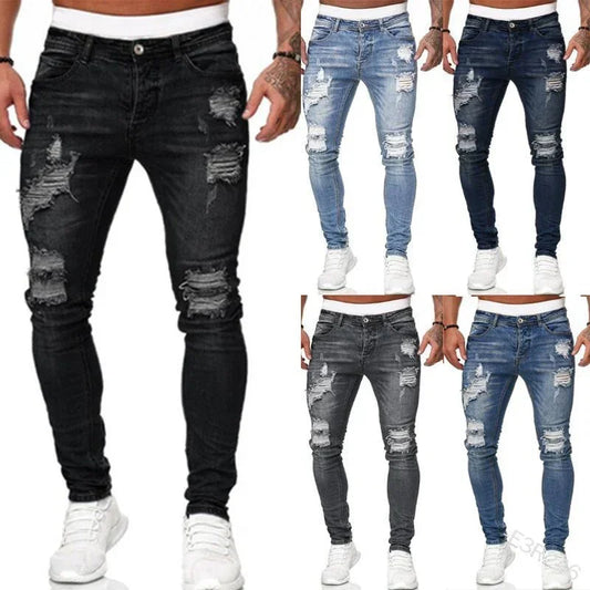 Mens Casual Slim Pencil Denim Pants Europe and America Breaking Holes Grinding White Jeans Men Vintage Wash Solid Denim Trouser