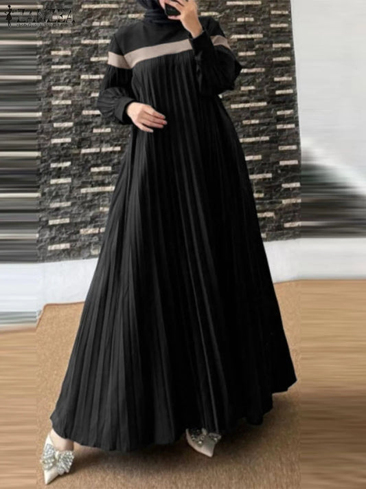 ZANZEA Autumn Long Lantern Sleeve Sundress Women Muslim Dress Turkey Abaya Islamic Dubai Robe Elegant Patchwork Pleated Vestidos