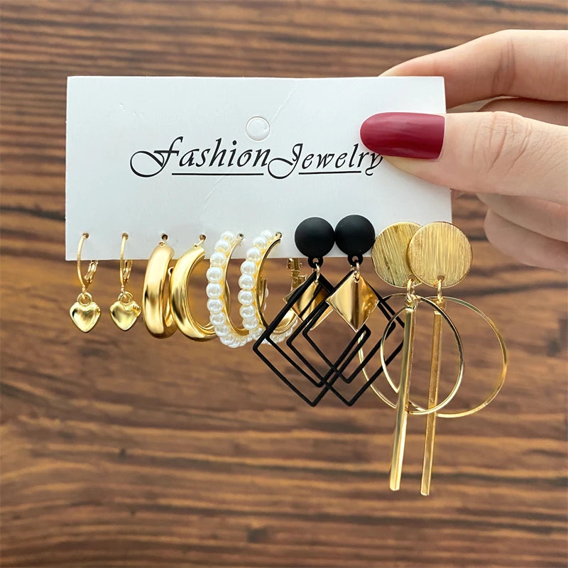 Geometry Pearl Earring Set Heart Leopard For Women Girls Circle Dangle Drop Earring Set Acrylic Metal Square Round Party Jewelry