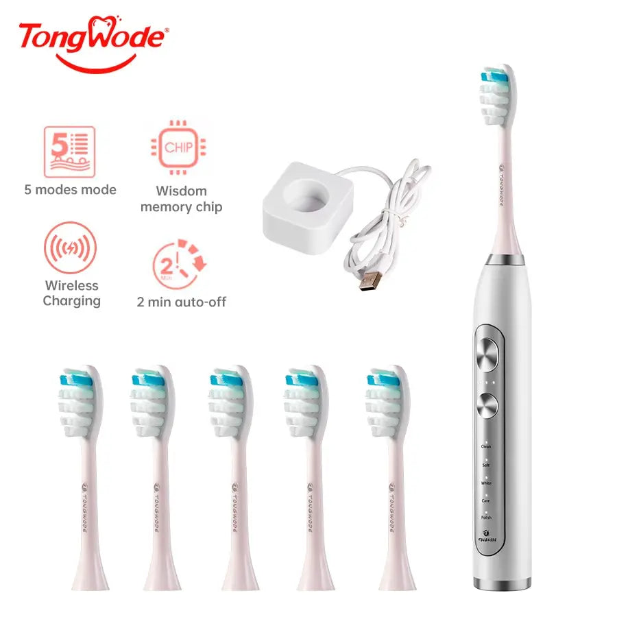 Tongwode Ultrasonic Electric Toothbrush Wireless Charging IPX7 Waterproof Replacement Heads Whitening Teeth Timer Smart Brush