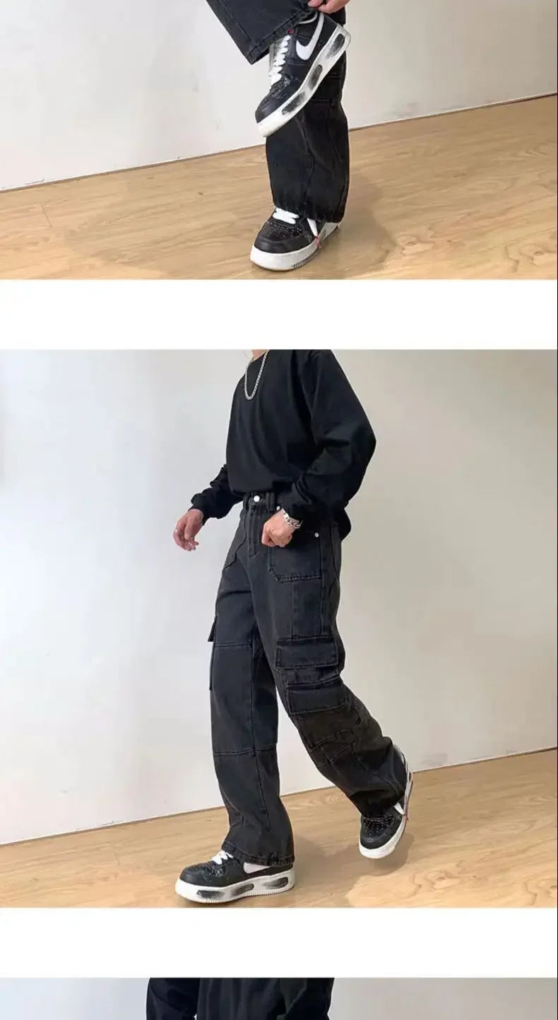 Men's Cargo Pants High Street Multi-pocket Black Gray Work Pants for Men Loose Trousers High Waist Vintage Straight-leg Jeans