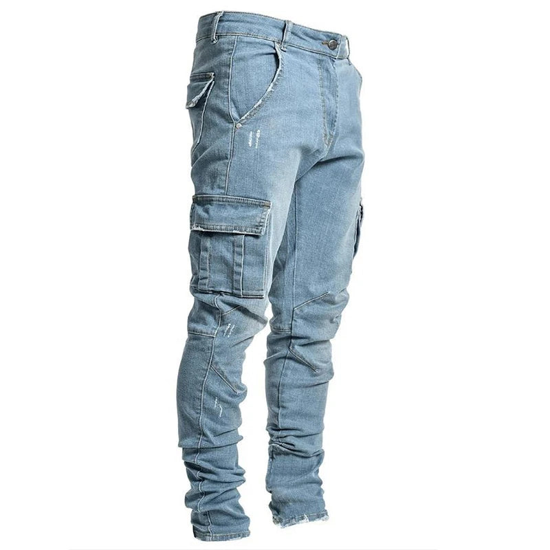 Stretch Jeans for Men Black Big Side Pockets Cargo Male Jeans Fashion Zipper Small Foot Denim Pants Elastic Jogging Trousers