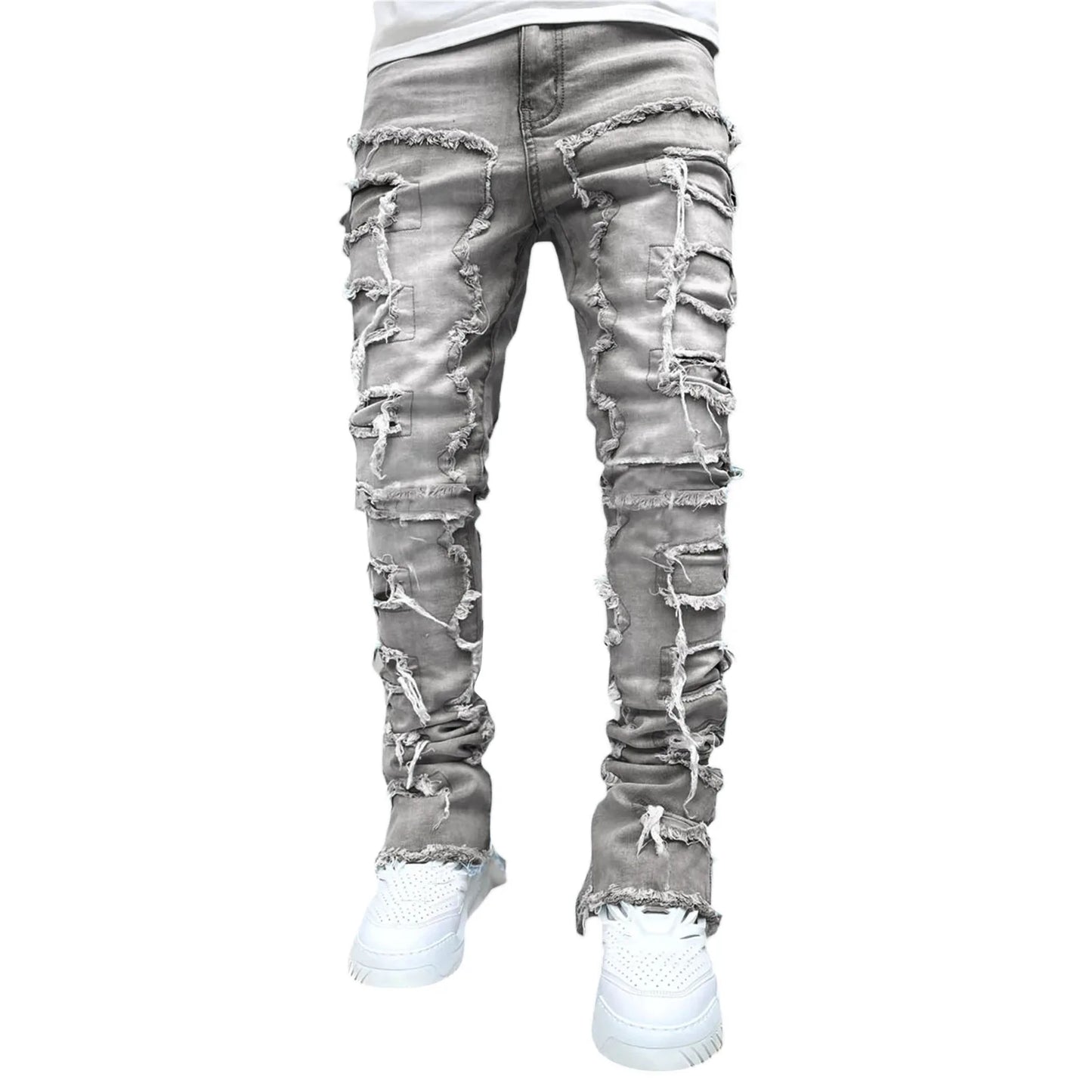 Printing Stretched Men's Stacked Jeans Patchwork Tassel Damaged Trousers For Male High Street Hip-pop Full Length Denim Pants