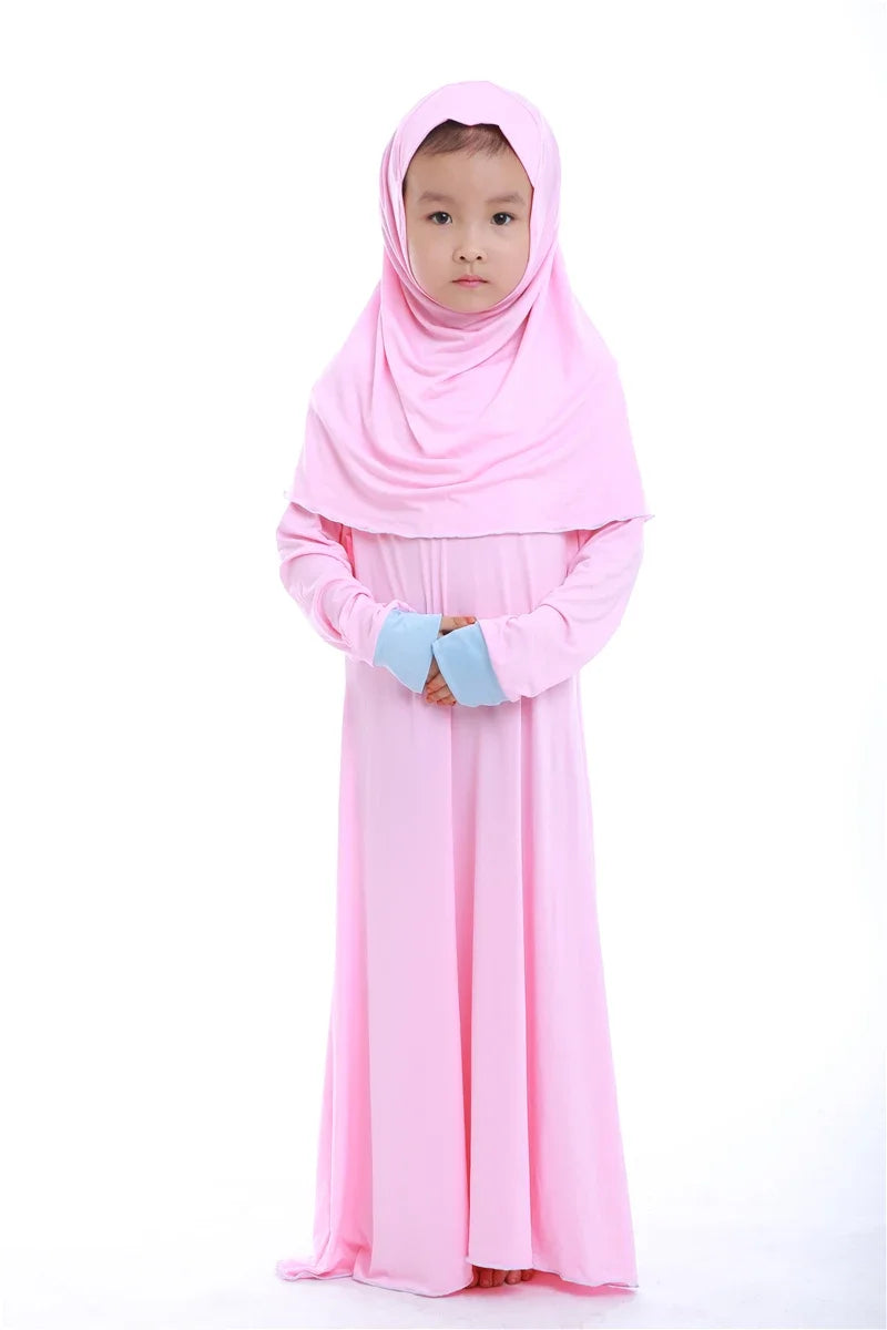 Muslim Kids Girls Prayer Dress Hijab Abaya Robe Arab Dubai Children Ramadan Kaftan Headscarf Islamic Eid Party Gown