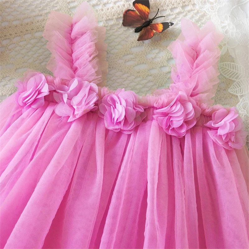 Little Girls Summer Dress for Kids Princess Birthday Party Gown 3D Flower Sling Tutu Wedding Baby Dresses Vintage Floral Clothes