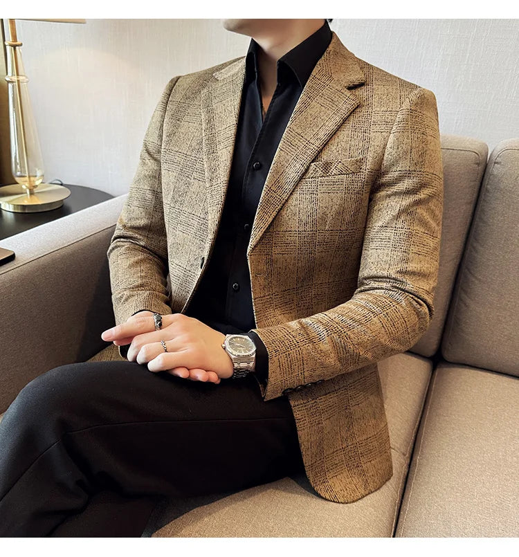 Men's British Style Fashionable Luxury Suit Jacket High-quality Plaid Slim Fit Business Social Blazer Wedding Dress Party Jacket