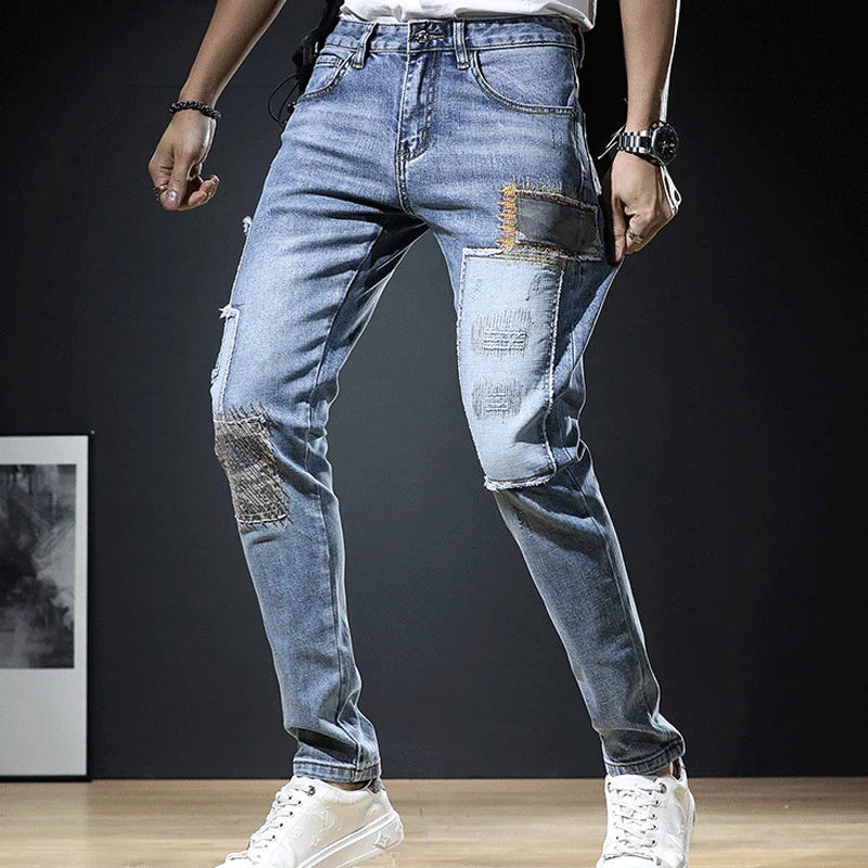 2023 Fashion Mens Jeans Autumn Patch Light Blue Trend Loose Pants Elastic Streetwear Boyfriend Biker Man Straight Denim Trousers