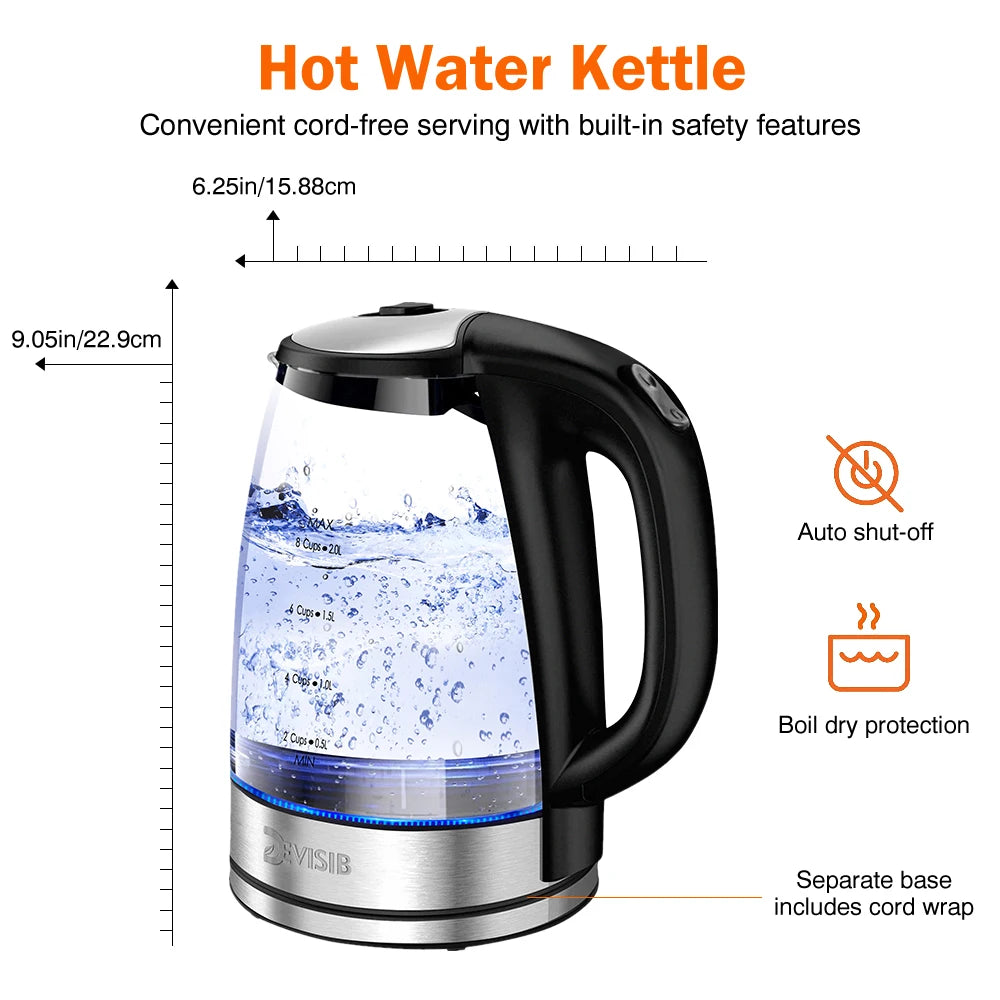 DEVISIB 2L Larger Capacity Electric Kettle 2200W LED Indicator Removable Filter Glass Body Ideal for Coffee Tea Hot Water Boiler