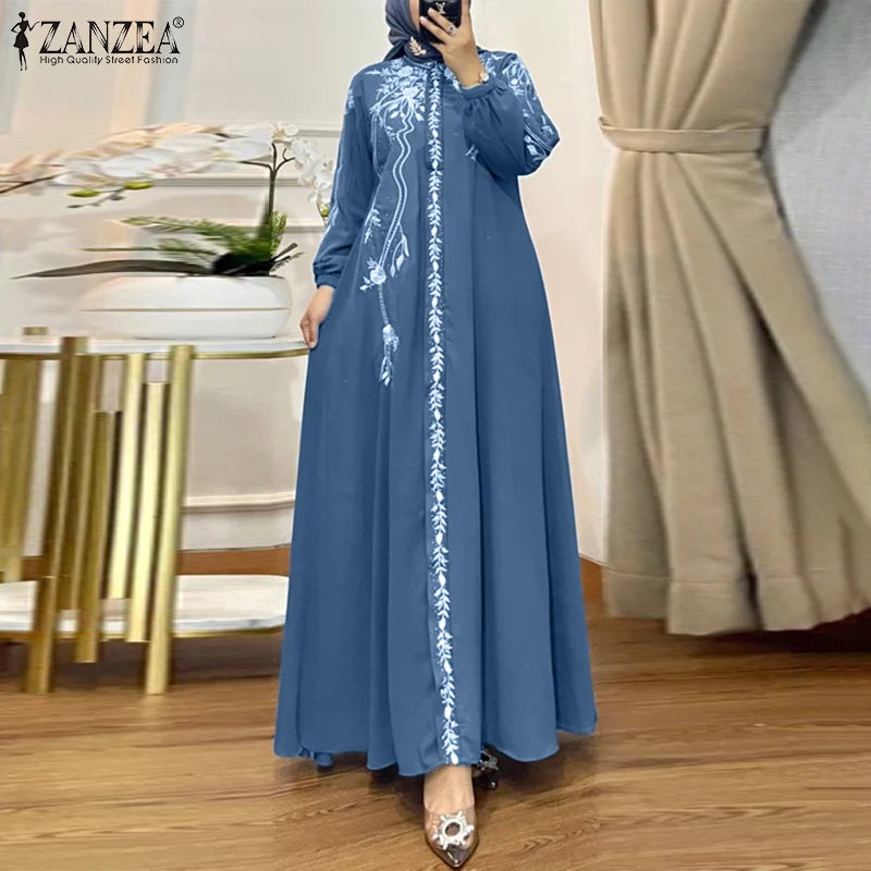 ZANZEA Turkey Islamic Autumn Maxi Vestidos Muslim Hijab Loose Bohemian Women Long Dresses Floral Print Holiday Casual Abaya Robe