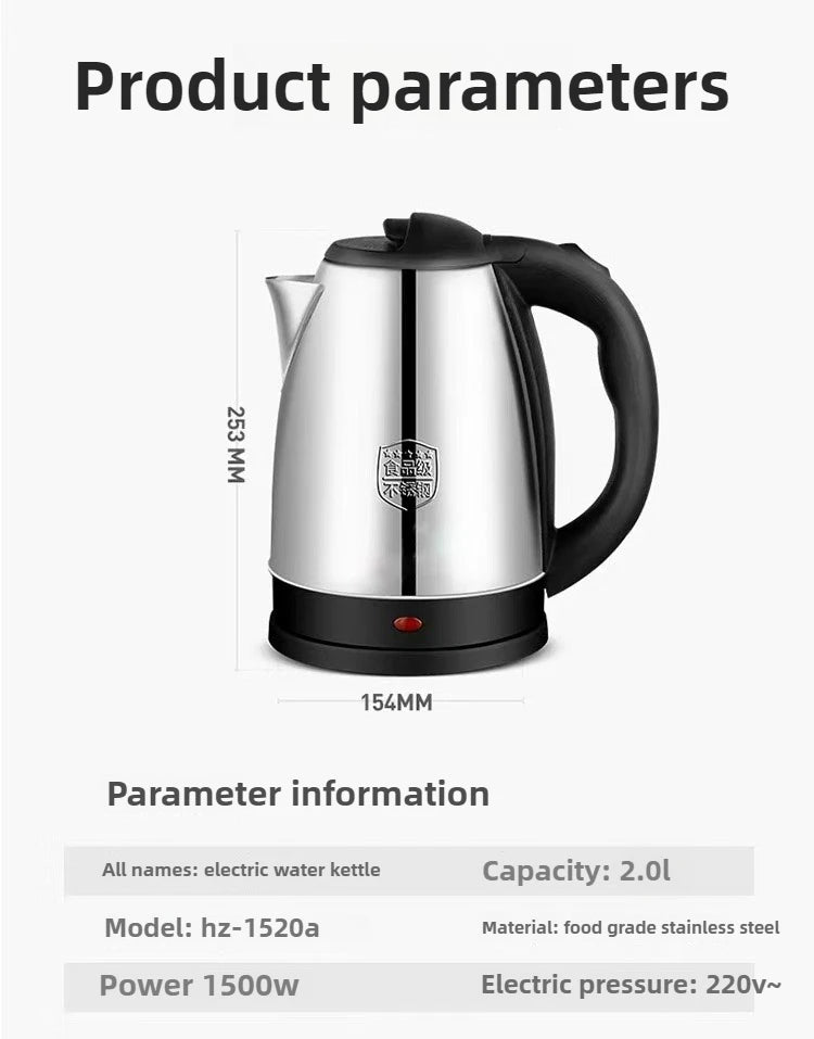 2.0L Stainless Steel Electric Kettle Silver Gray Base Separation Desion Rust-resistant Durable for Home Office During Travel