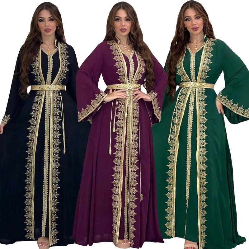 Eid Muslim Women Party Dresses Jalabiya 2 Piece Set Embroidery Arab Long Robe Ramadan Morocco Dubai Abayas Islam Vestidos Kaftan