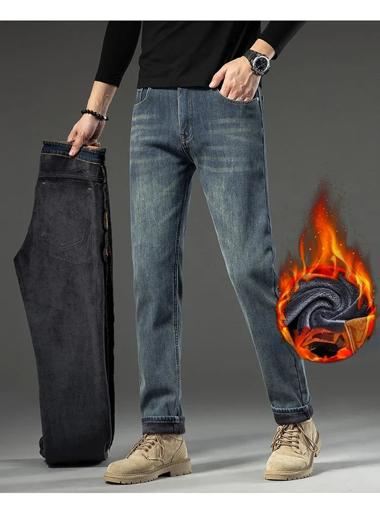 2025 New In Winter Fleece  Warm Jeans Thick Straight  Slim Fit Stretch Fashion Brand Casual Jean Baggy Vintage