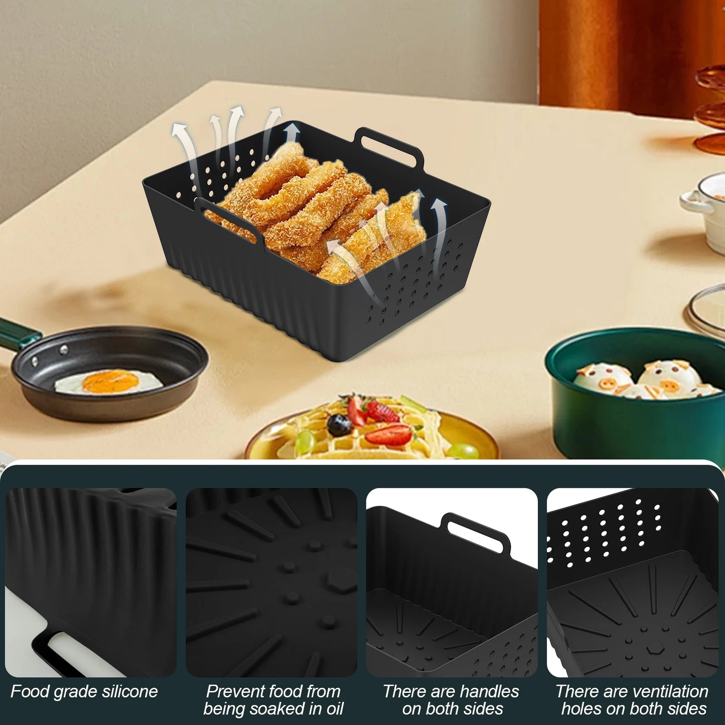 4/2pc Air Fryer Baking Tray Liner Silicone Pot Oven Bake Basket Fried Chicken Pan Pizza Mat Baking Sheet Fruit Veggi Wash Basket