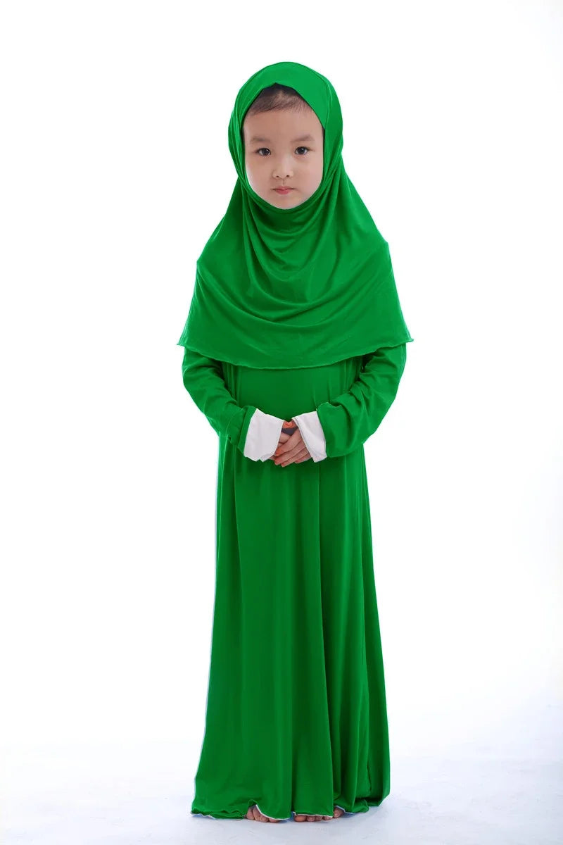 Muslim Kids Girls Prayer Dress Hijab Abaya Robe Arab Dubai Children Ramadan Kaftan Headscarf Islamic Eid Party Gown