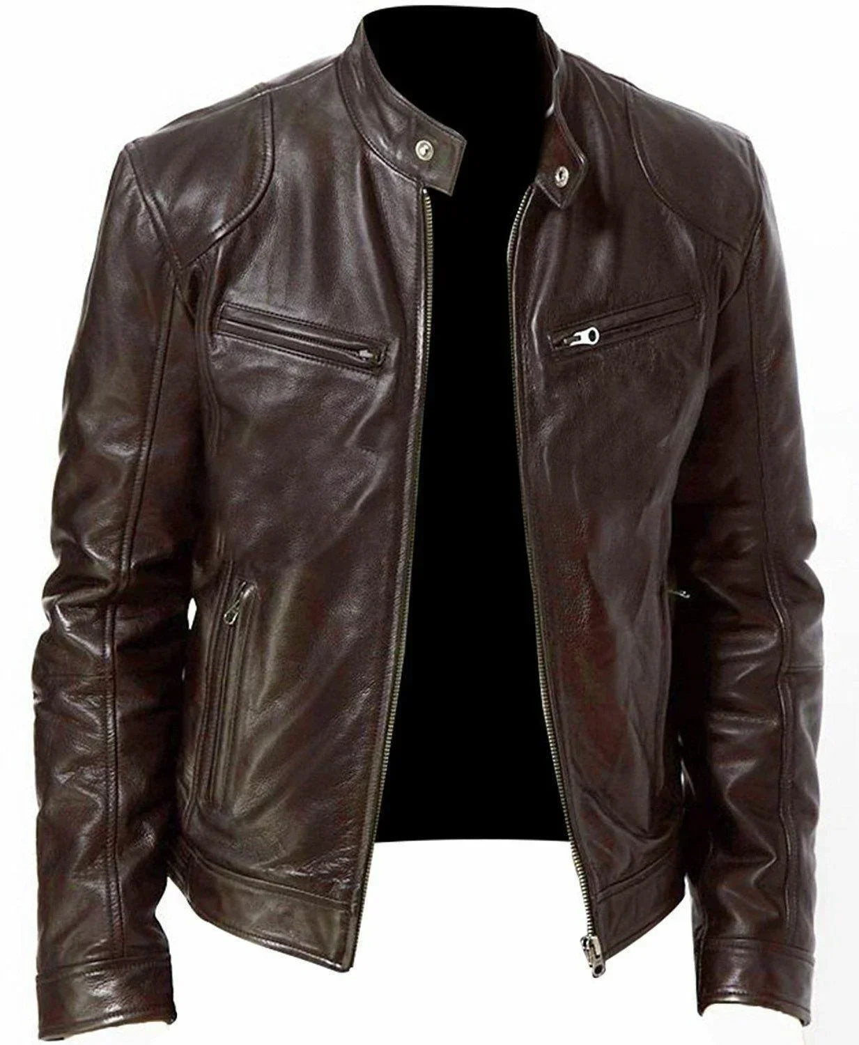 Fall and Winter Men's Leather Jacket Men's Stand-up Collar Jacket Zipper Biker Leather Jacket Casual Slim Leather Jacket