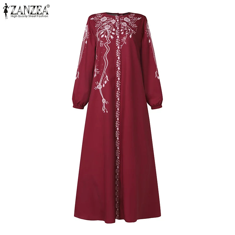 ZANZEA Turkey Islamic Autumn Maxi Vestidos Muslim Hijab Loose Bohemian Women Long Dresses Floral Print Holiday Casual Abaya Robe