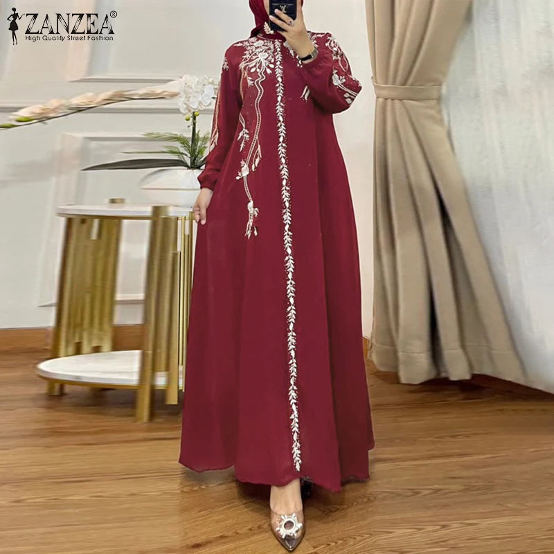 ZANZEA Turkey Islamic Autumn Maxi Vestidos Muslim Hijab Loose Bohemian Women Long Dresses Floral Print Holiday Casual Abaya Robe