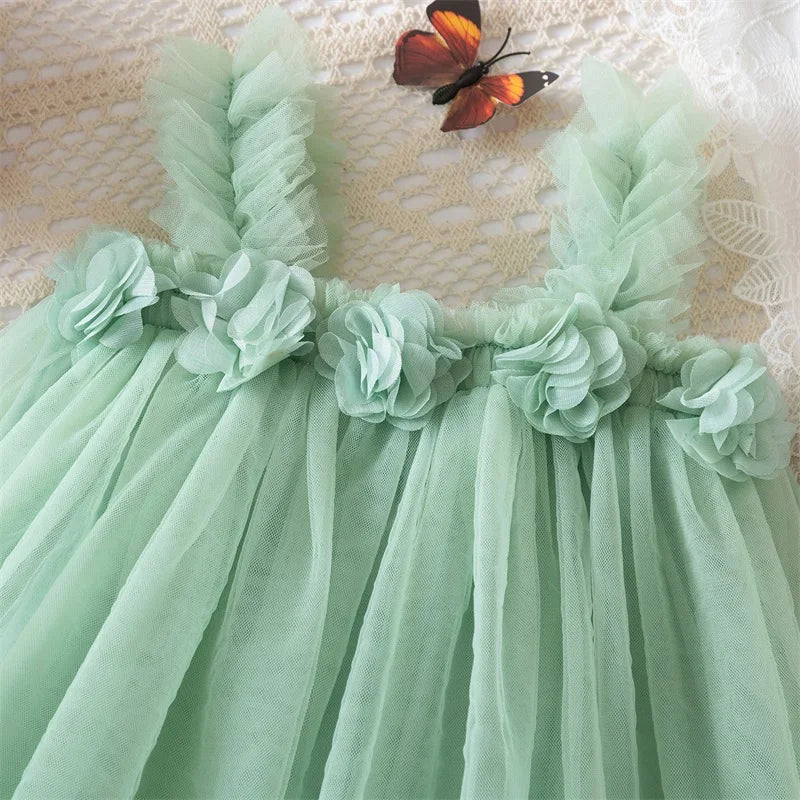 Little Girls Summer Dress for Kids Princess Birthday Party Gown 3D Flower Sling Tutu Wedding Baby Dresses Vintage Floral Clothes