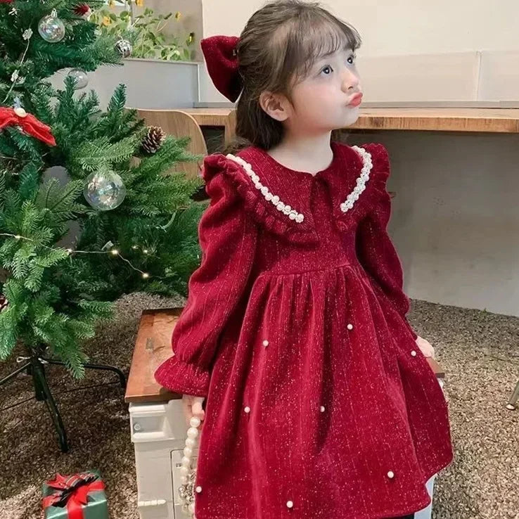 Autumn and Winter Thickening Flip Collar Dress 3-8 Year Old Girl Velvet Pearl Dress New Fashionable Red New Year Clothing