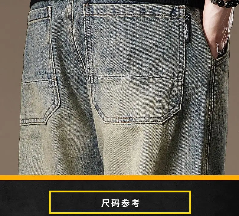 American Vintage High Street Spring Summer Jeans Men's Solid Patchwork Button Pocket Fashion Casual Loose Cowboy Straight Pants