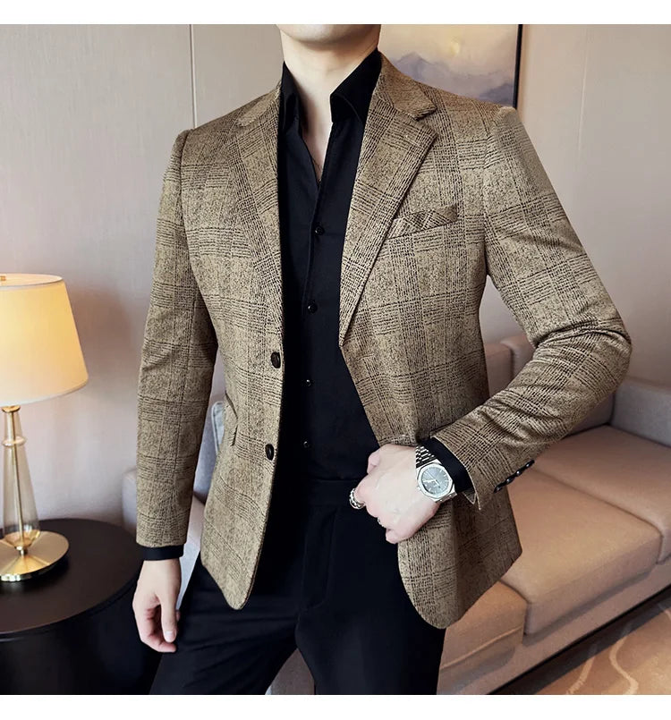 Men's British Style Fashionable Luxury Suit Jacket High-quality Plaid Slim Fit Business Social Blazer Wedding Dress Party Jacket