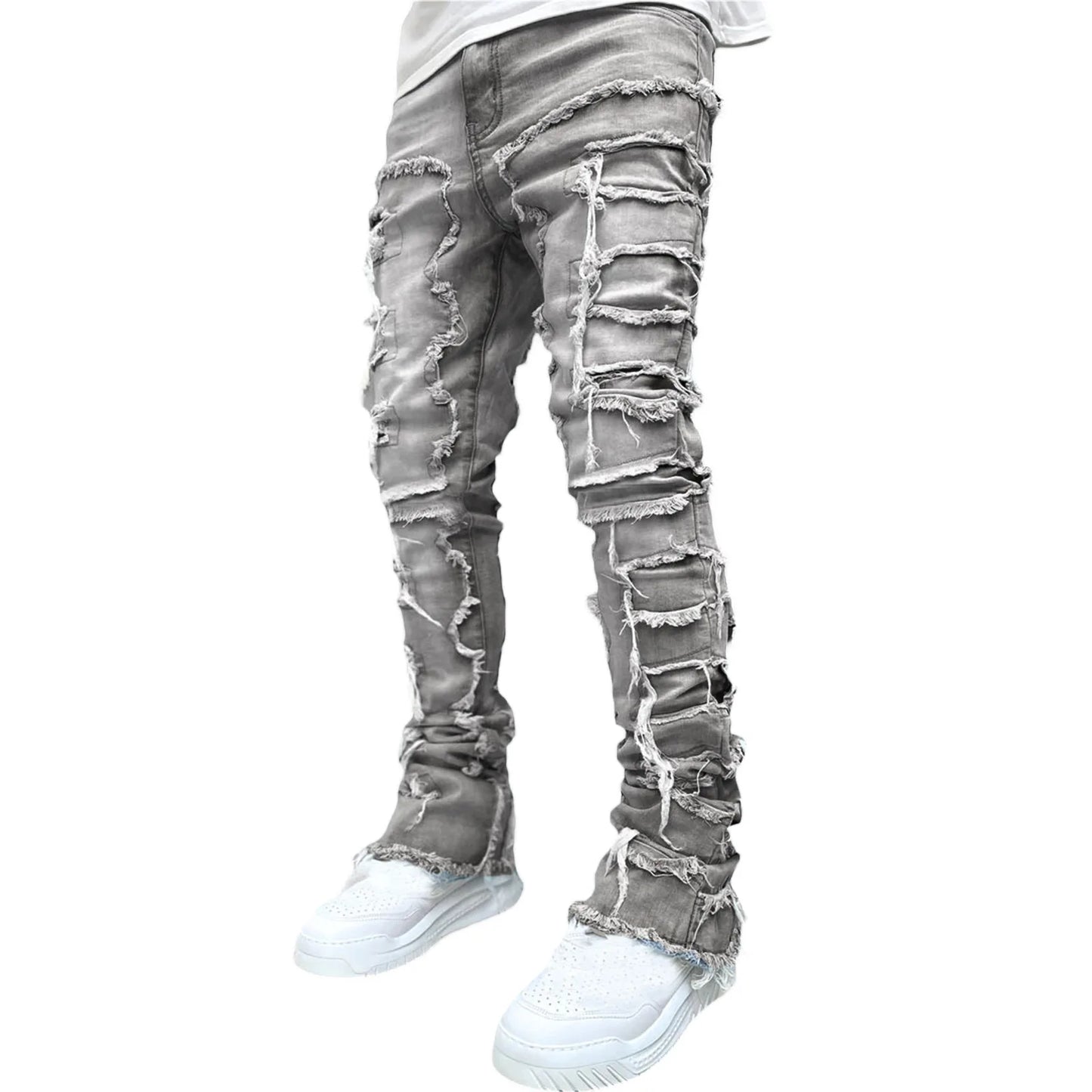 Printing Stretched Men's Stacked Jeans Patchwork Tassel Damaged Trousers For Male High Street Hip-pop Full Length Denim Pants