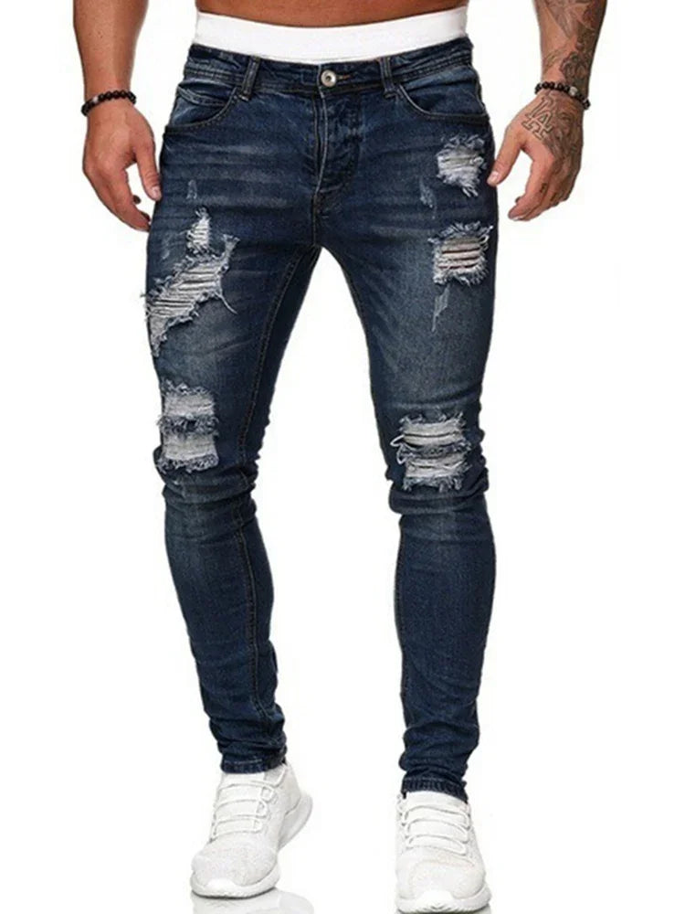 Mens Casual Slim Pencil Denim Pants Europe and America Breaking Holes Grinding White Jeans Men Vintage Wash Solid Denim Trouser