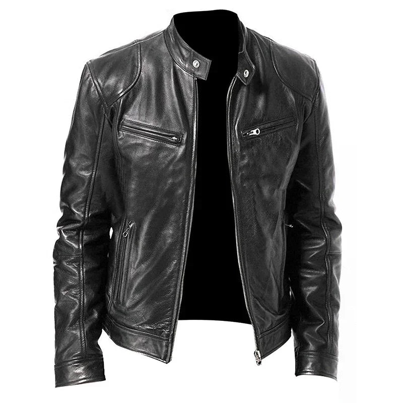 Fall and Winter Men's Leather Jacket Men's Stand-up Collar Jacket Zipper Biker Leather Jacket Casual Slim Leather Jacket