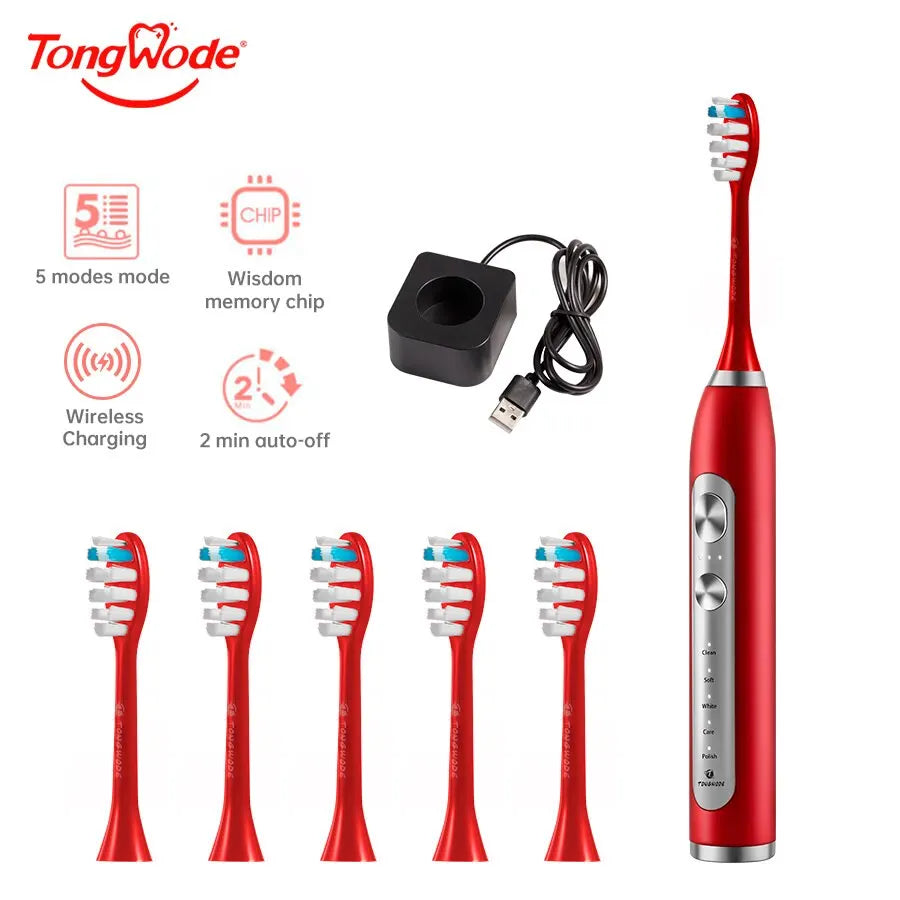 Tongwode Ultrasonic Electric Toothbrush Wireless Charging IPX7 Waterproof Replacement Heads Whitening Teeth Timer Smart Brush