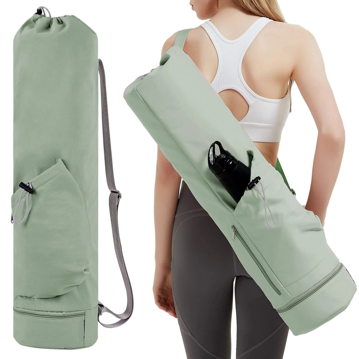 Yoga mat bag with water bottle pocket and bottom wet bag. Sports yoga mat with shoulder strap and multifunctional storage bag