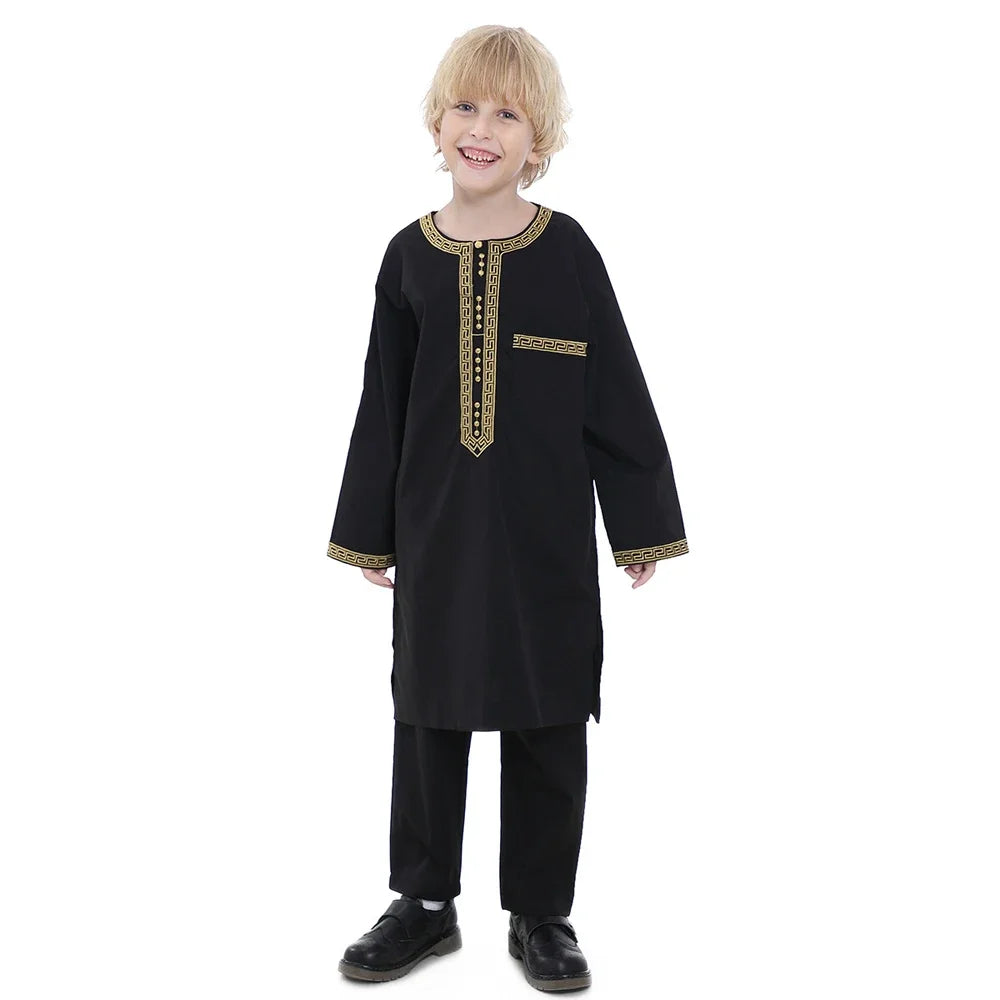 Muslim Children Robe 2 Piece Set Kids Boy Round Neck Long Sleeve Printed Dress Shirt Abaya Kaftan Jubba Thobe Islamic Clothing