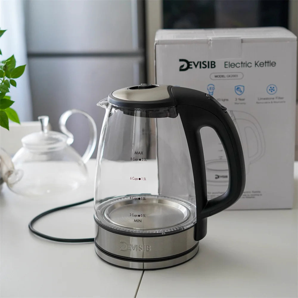 DEVISIB 2L Larger Capacity Electric Kettle 2200W LED Indicator Removable Filter Glass Body Ideal for Coffee Tea Hot Water Boiler