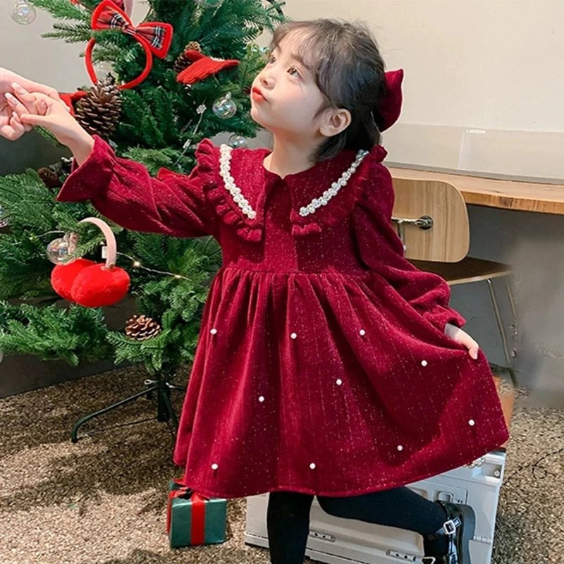 Autumn and Winter Thickening Flip Collar Dress 3-8 Year Old Girl Velvet Pearl Dress New Fashionable Red New Year Clothing